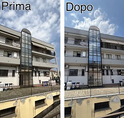 Pulizia vetrate facciata palazzine, altezza circa 14 metri. È stato effettuato all’esterno un trattamento anticalcare per rimuovere lo sporco e il calcare accumulato in oltre 40 anni riportando le 4 palazzine come all’origine.